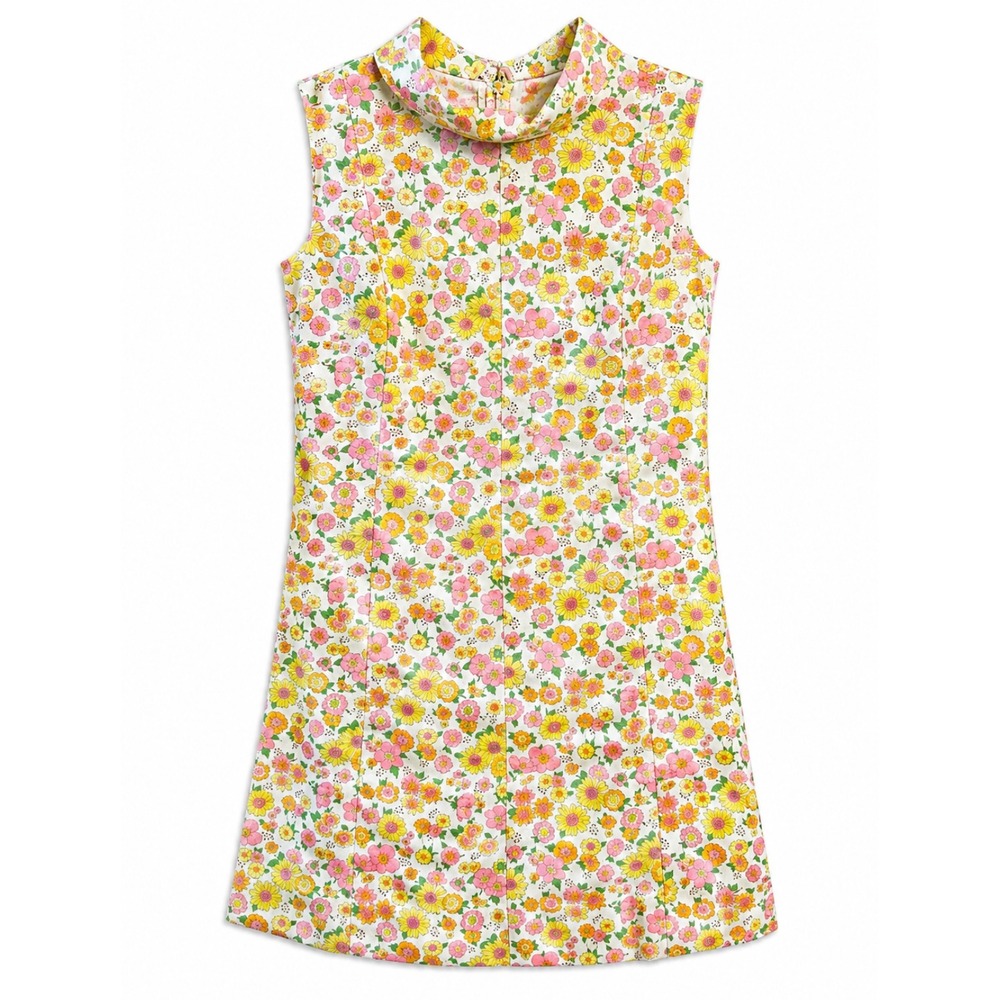 Handmade VTG 1960 1970 Floral Mod Shift Dress Pink Yellow Daisy Print Sleeveless